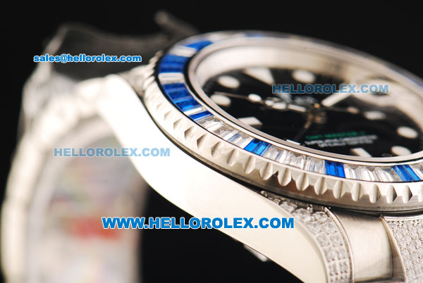 Rolex GMT-Master II Swiss ETA 2836 Automatic Movement Black Dial with White Markers and Diamond Bezel-Steel Diamond Strap - Click Image to Close